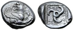 Greek Dynasts of Lycia, Kuprilli AR Stater. Circa 480-440 BC. Forepart of griffin to right, head left / Triskeles, KOΠPΛΛE around; all within dotted border within incuse square. Mørkolm-Zahle 103; Tra