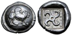 Greek Dynasts of Lycia, Teththiveibi AR Stater. Circa 460-425 BC. Winged lion walking to left on round shield / Tetraskeles within square incuse; Lycian script around. Müseler V, 42; Vismara, Falghera