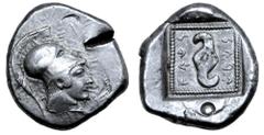 Greek Dynasts of Lycia, Vekhssere I AR Stater. Circa 450-430 BC. Head of Athena right, wearing crested Corinthian helmet / Diskeles, F↑↓SS↑Ϥ↑ around, all within dotted square. Unpublished in the stand