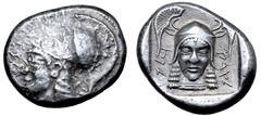 Greek Cyprus, Lapethos AR Stater. Sidqmelek, circa 435 BC. Head of Athena left, wearing crested Corinthian helmet; Phoenician inscription 'King of Lapethos' before / Head of Athena facing, wearing nec