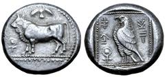 Greek Cyprus, Paphos AR Stater. Onasioikos, circa 450-440 BC. Bull standing left on beaded double line; [winged solar disk above, ankh to left]; all within dotted circular border / Eagle standing left