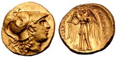 Greek Seleukid Empire, Seleukos I Nikator AV Distater. Uncertain mint in Cappadocia, Syria, or Mesopotamian, after 305 BC. Attic standard. Head of Athena right, wearing crested Corinthian helmet ornam