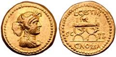 Roman Imperatorial L. Cestius and C. Norbanus AV Aureus. Rome, January-April 43 BC. Draped bust of Africa right, wearing elephant skin headdress / Corinthian helmet set atop curule chair, legs decorat