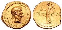 Roman Imperatorial Marc Antony AV Aureus. Military mint moving with Antony in Asia, 41 BC. Bare head right, lituus behind; M•ANTONIVS•IMP•III•VIR•R•P•C around / Pietas standing left, holding lighted c