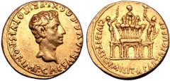 Roman Imperial Augustus AV Aureus. Spanish mint (Colonia Patricia?), 18-17 BC. S•P•Q•R•IMP•CAESARI•AVG•COS•X•TR•POT•VI, bare head of Augustus right / CIVIB•ET•SIGN•MILIT•A•PART•RECVPER, triple triumph