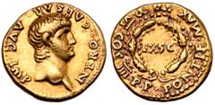 Roman Imperial Nero AV Aureus. Rome, AD 59-60. NERO • CAESAR • AVG • IMP, youthful bare head right / PONTIF•MAX•TR•P•VI•COS•IIII•P•P• around oak wreath enclosing EX SC. RIC 19; BMCRE 21; Calicó 426. 7