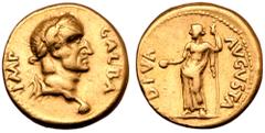 Roman Imperial Galba AV Aureus. Tarraco, April-late AD 68. IMP GALBA, laureate head right, with globe at point of bust / DIVA AVGVSTA, Livia standing left, draped, holding patera and leaning on sceptr