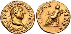 Roman Imperial Vitellius AV Aureus. January - December AD 69. A VITELLIVS GERMAN IMP TR P, laureate head right / CONCORDIA P R, Concordia seated left, holding patera and cornucopiae. RIC 89; C. 17; BM