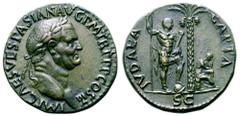 Roman Imperial Vespasian Æ Sestertius. Judaea Capta series. Rome, AD 71. IMP CAES VESPASIAN AVG P M TR P P P COS III, laureate head right / IVDAEA CAPTA, Vespasian standing right, holding spear and pa