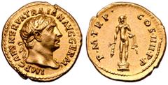 Roman Imperial Trajan AV Aureus. Rome, AD 101-102. IMP CAES NERVA TRAIAN AVG GERM, laureate bust right, slight drapery on far shoulder / P•M•TR P• COS•IIII•P•P, Hercules standing facing on low base, h