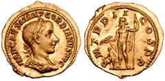 Roman Imperial Gordian III AV Aureus. Rome, AD 239. IMP CAES M ANT GORDIANVS AVG, laureate, draped and cuirassed bust right / P M TR P II COS P P, Jupiter standing facing, holding thunderbolt and scep