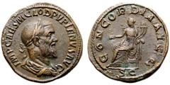 Roman Imperial Pupienus Æ Sestertius. Rome, AD 238. IMP CAES M CLOD PVPIENVS AVG, laureate, draped and cuirassed bust right / CONCORDIA AVGG, Concordia seated left, holding patera and double cornucopi