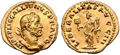 Roman Imperial Gallienus AV Aureus. Rome, AD 255. IMP C P LIC GALLIENVS P F AVG, laureate, draped and cuirassed bust right / LIBERALITAS AVGG III, Liberalitas standing left, holding abacus and cornuco