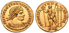 Roman Imperial Constantius II, as Caesar, AV Solidus. Siscia, AD 334. FL IVL CONSTANTIVS NOB CAES, laureate and cuirassed bust right / PRINCIPI IVVENTVTIS, Constantius in military attire standing left