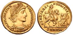 Roman Imperial Constantius II AV Solidus. Antioch, AD 350. FL IVL CONSTANTIVS PERP AVG, pearl-diademed, draped and cuirassed bust right / GLORIA REIPVBLICAE, Constantius on horseback to right, turrete