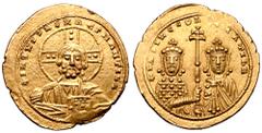 Byzantine Basil II Bulgaroktonos and Constantine VIII AV Tetarteron Nomisma. Constantinople, AD 977-989. + IҺS XIS REX REGNANTIҺM, bust of Christ facing, wearing nimbus crown ornamented with pellets, 