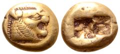 Greek Kingdom of Lydia, Alyattes EL Trite - 1/3 Stater. Sardes, circa 610-546 BC. Head of roaring lion right, sunburst with multiple rays on forehead / Two incuse square punches. Traité II/1, 44, pl. 