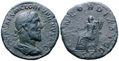 Roman Imperial Pupienus Æ Sestertius. Rome, AD 238. [IMP C]AES M CLOD PVPIENVS AVG, laureate, draped and cuirassed bust right / CONCORDIA AVGG, Concordia seated left, holding patera and double cornuco