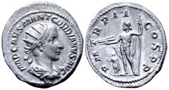 Roman Imperial Gordian III AR Antoninianus. Rome, AD 239. IMP CAES M ANT GORDIANVS AVG, radiate, draped, and cuirassed bust right / P M TR P II COS P P, Jupiter standing left, holding sceptre in left 