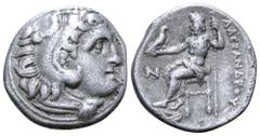 Greek Kingdom of Macedon, Alexander III 'the Great' AR Drachm. Uncertain mint (Possibly Sardes or Nisyros?), circa 334-323 or circa 201 BC. Head of Herakles right, wearing lion skin headdress / Zeus A