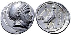 Greek Baktria, Sophytes AR Tetradrachm. Uncertain mint in the Oxus region, circa 246/5-235 BC. Attic standard. Head of Seleukos(?) right, wearing laurel wreathed Attic helmet decorated with spiral pat