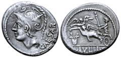 Roman Republic L. Julius L. f. Caesar AR Denarius. Rome, 103 BC. Helmeted head of Mars right; CAESAR upwards behind, control-mark above / Venus Genetrix in biga of Cupids left, holding sceptre in righ
