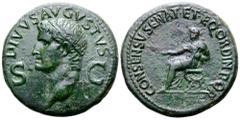 Roman Imperial Divus Augustus Æ Dupondius. Struck under Caligula. Rome, AD 37-41. DIVVS• AVGVSTVS, radiate head left / CONSENSV• SENAT• EQ• ORDIN• P• Q• R•, Augustus or Caligula, laureate and togate, 