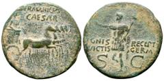 Roman Imperial Germanicus (father of Caligula) Æ Dupondius. Rome, AD 37-41. [G]ERMANICVS CAESAR, Germanicus, bare-headed and draped, standing right in chariot, holding eagle-tipped sceptre and reins, 