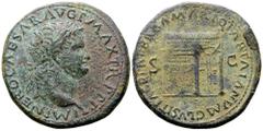 Roman Imperial Nero Æ Sestertius. Lugdunum, AD 66. IMP NERO CAESAR AVG P MAX TR P P P, laureate bust right, globe at point / PACE P R TERRA MARIQ PARTA IANVM CLVSIT, left-corner view of front and side