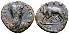Migration Period Municipal coinage of Rome Æ 20 Nummi. Time of Athalaric, AD 526-534. INVICTA ROMA, draped bust of Roma to right, wearing crested helmet, pendant earring and necklace / She-wolf standi