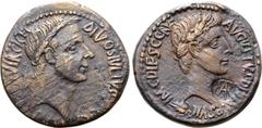 Roman Provincial Augustus, with Divus Julius Caesar, Æ25 of Apamea, Bithynia. Struck 27 BC. C. Cassius C.f., duovir. DIVOS IVLIVS [C] C[ASSIVS C F] IIVIR C I C F C, diademed head of Caesar right / AVG