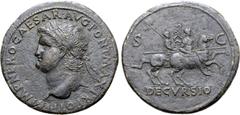 Roman Imperial Nero Æ Sestertius. Lugdunum, AD 66. IMP NERO CAESAR AVG PONT MAX T R POT P P, laureate head right, with globe at point of bust / Nero on horseback to right, holding spear; behind him, s