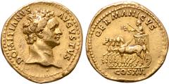 Roman Imperial Domitian AV Aureus. Rome, AD 92-94. DOMITIANVS AVGVSTVS, bare head right / GERMANICVS, Domitian standing in quadriga moving to left, holding laurel branch in right hand and sceptre in l