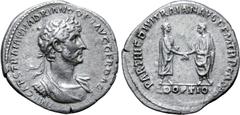 Roman Imperial Hadrian AR Denarius. Rome, AD 117. IMP CAES TRAIAN HADRIANO OPT AVG GER DAC, laureate, draped and cuirassed bust right / PARTHIC DIVI TRAIAN AVG F P M TR P COS P P, Trajan and Hadrian s