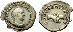 Roman Imperial Balbinus AR Antoninianus. Rome, AD 238. IMP CAES D CAEL BALBINVS AVG, radiate, draped and cuirassed bust right / CONCORDIA AVGG, clasped hands. RIC 10; RSC 3; BMCRE 67-70. 4.15g, 26mm, 