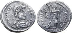 Roman Imperial Jovinus (Usurper) AR Siliqua. Arelate, AD 411-413. D N IOVINVS P F AVG, pearl-diademed, draped and cuirassed bust right / RESTITVTOR REI P, Roma seated left on cuirass, holding Victory 