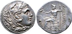 Greek Kingdom of Macedon, Philip V AR Tetradrachm. In the name and types of Alexander III. Pella, circa 180 BC. Head of Herakles right, wearing lion skin headdress / Zeus Aëtophoros seated left, holdi