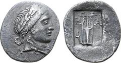 Greek Lycia, Masikytes AR Drachm. After 168 BC. Laureate head of Apollo right / Kithara of three strings, M-A across upper fields, flaming torch in lower left field; all within shallow incuse square. 
