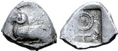 Greek Cyprus, Salamis AR Stater. Evanthes(?), circa 450 BC. Recumbent ram to left, [ivy leaf] before; Cypriot script 'e-u-we-[le-to-no-se]' around / Ankh, on which inscribed Cypriot character 'pa'; Cy