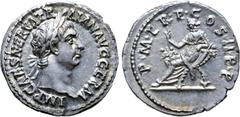 Roman Imperial Trajan AR Denarius. Rome, AD 98-99. IMP CAES NERVA TRAIAN AVG GERM, laureate head right / P M TR P COS II P P, Abundantia seated to left on a throne made of cornucopiae, reclining on le