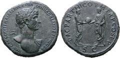 Roman Imperial Hadrian Æ Sestertius. Rome, AD 117. IMP CAES DIVI TRAIAN AVG F TRAIAN HADRIAN OPT AVG GER, laureate bust right, slight drapery over far shoulder / DAC PARTHICO P M TR P COS P P, Trajan 