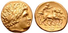 Greek Kingdom of Macedon, Philip III Arrhidaios AV Stater. In the types of Philip II. Lampsakos, circa 323 -317 BC. Laureate head of Apollo right / Charioteer, holding kentron and reins, driving racin