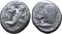 Greek Mysia, Kyzikos AR Tridrachm. Symmachy coinage. Circa 405/4. The Herakliskos Drakonopnigon: the Infant Herakles crouching right, strangling a serpent coiled around each arm; Σ-[Y]-N around / Head