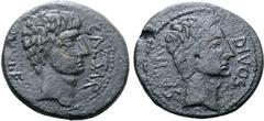 Roman Imperatorial Octavian and Divus Julius Caesar Æ Dupondius. Southern (?) Italian mint, circa 38 BC. CAESAR DIVI F, bare head of Octavian right, with slight beard / DIVOS IVLIVS, wreathed head of 