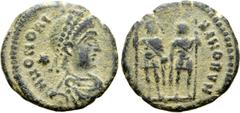 The P.T. Collection of the Later Empire Honorius Æ Nummus. Heraclea, AD 408-23. D N HONORI[VS P F AVG], pearl-diademed, draped and cuirassed bust right; star behind / [GLORIA RO]MANORVM, Honorius and 