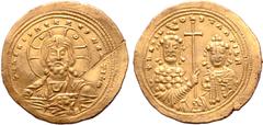 Byzantine Basil II Bulgaroktonos, with Constantine VIII, AV Histamenon Nomisma. Constantinople, AD 1005-1025. + IҺS XIS REX REGNANTIҺM, bust of Christ facing, wearing nimbus with crescents in upper qu