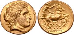 Greek Kingdom of Macedon, Philip II AV Stater. Struck under Philip III. Amphipolis, circa 323-315 BC. Laureate head of Apollo right, with the features of Alexander III / Charioteer, holding kentron an
