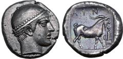 Greek Thrace, Ainos AR Tetradrachm. Circa 455/4-453/2 BC. Head of Hermes right, wearing petasos / Goat standing right; AINI above; to right, herm right and small kerykeion, both on garlanded throne; a