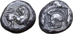 Greek Thracian Chersonesos, Kardia(?) AR Tetradrachm. Miltiades II, circa 499-493 BC. Lion standing to right, left paw raised and head reverted / Head of Athena left, wearing crested Attic helmet, pea