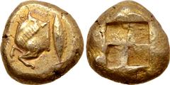 Greek Mysia, Kyzikos EL Stater. Circa 550-500 BC. Forepart of bull running to left, head reverted / Quadripartite incuse square. Von Fritze -; SNG France -; Boston MFA -; BMC -; Hurter-Liewald -. 16.1
